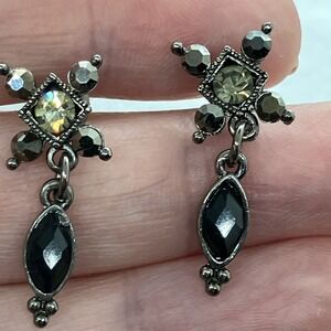 Coquette Goth Glam Black/Gray/Clear Rhinestone Dangle Earrings Gunmetal Pierced